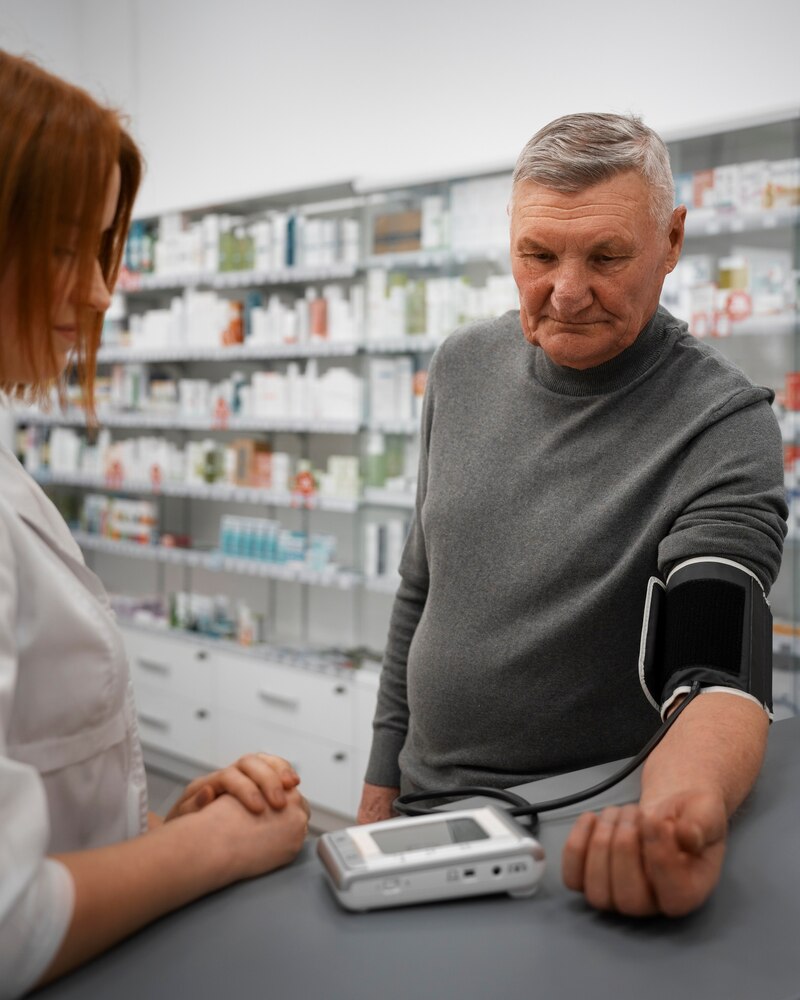 Female pharmacist checking senior man's blood pressure